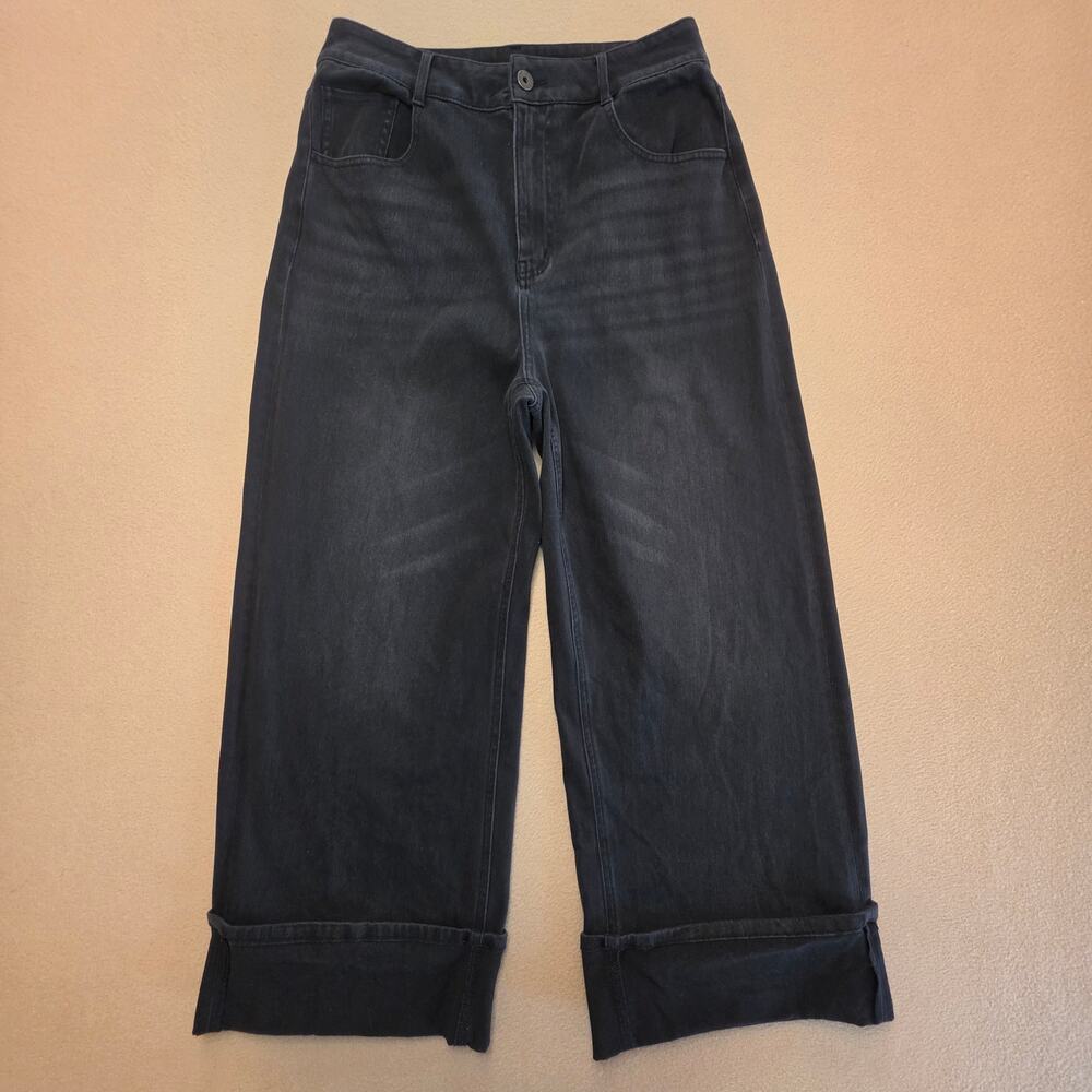 Halara Flex High-Waisted Wide-Leg Cuffed-Hem Jeans Faded Black Sz Medium Petite